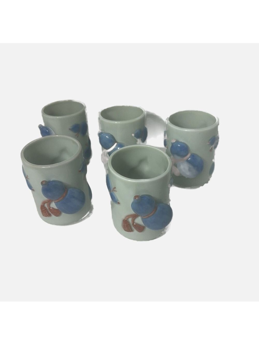 Vintage Tea Cups Ceramic 3D Made in Japan Set of 5 Blue